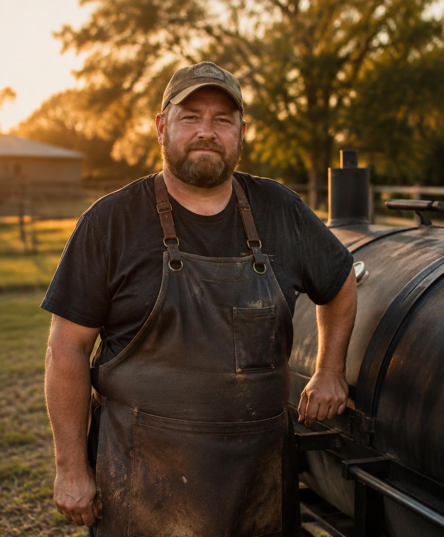 A pitmaster in a worn apron standing beside his smoker at golden hour